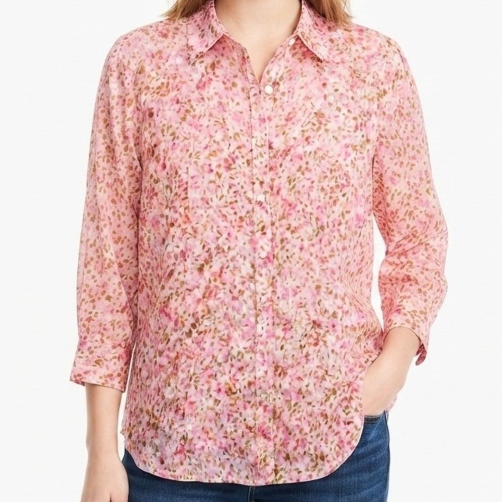 Talbots Floral Button Down Shirt Womens 16 Pink Cotton Long Sleeve Blouse